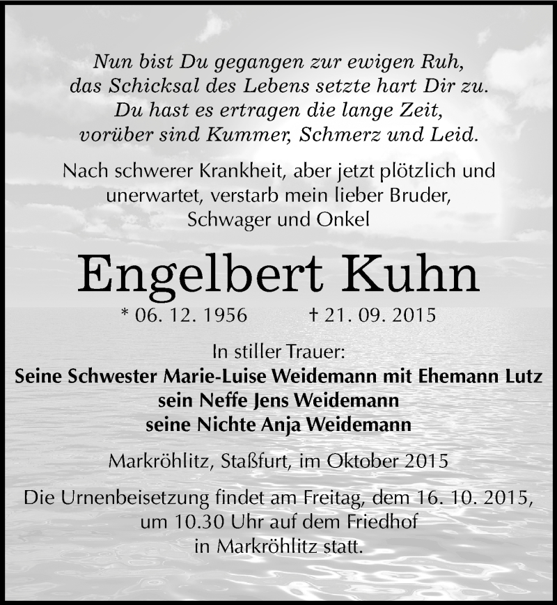  Traueranzeige für Engelbert Kuhn vom 10.10.2015 aus Mitteldeutsche Zeitung Weißenfels