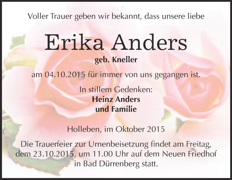  Traueranzeige für Erika Anders vom 14.10.2015 aus Super Sonntag Merseburg