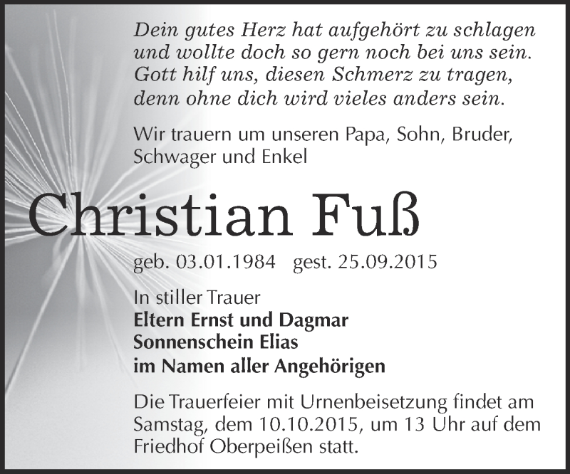  Traueranzeige für Christian Fuß vom 03.10.2015 aus Super Sonntag Bernburg