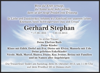 Traueranzeige von Gerhard Stephan von WVG - Wochenspiegel Dessau / Köthen