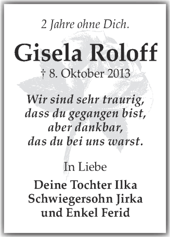 Traueranzeige von Gisela Roloff von Super Sonntag Merseburg