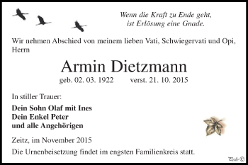 Traueranzeige von Armin Dietzmann von Super Sonntag Zeitz