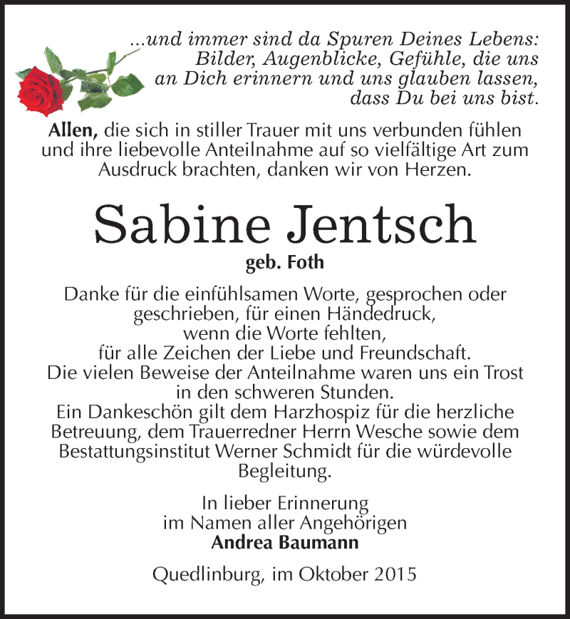  Traueranzeige für Sabine Jentsch vom 22.10.2015 aus Mitteldeutsche Zeitung Quedlinburg