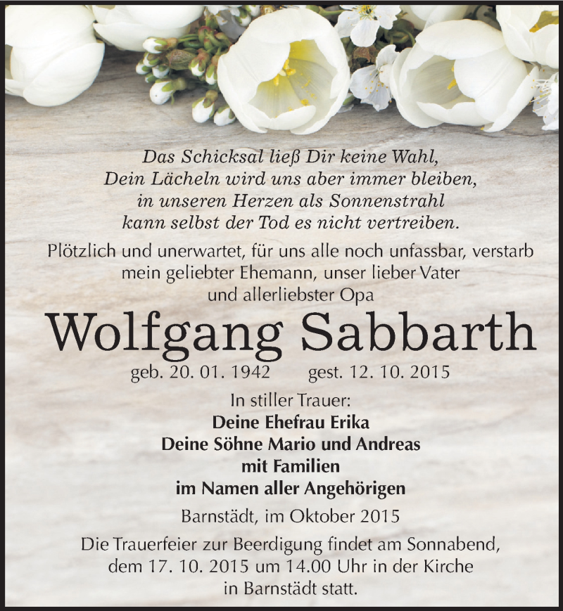  Traueranzeige für Wolfgang Sabbarth vom 15.10.2015 aus Mitteldeutsche Zeitung Merseburg/Querfurt