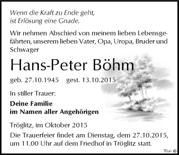 Traueranzeige von Hans-Peter Böhm von Mitteldeutsche Zeitung Zeitz