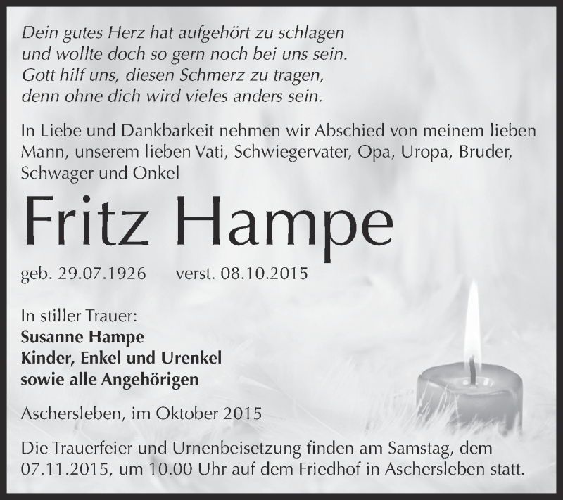  Traueranzeige für Fritz Hampe vom 24.10.2015 aus Super Sonntag Aschersleben