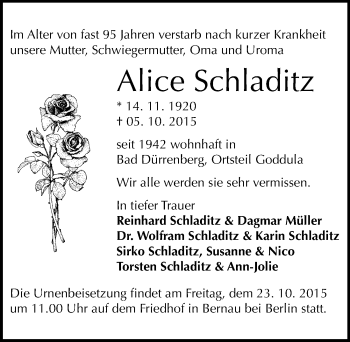 Traueranzeige von Alice Schladitz von Mitteldeutsche Zeitung Merseburg/Querfurt