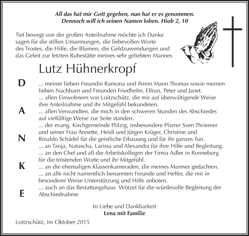  Traueranzeige für Lutz Hühnerkopf vom 31.10.2015 aus Super Sonntag Zeitz