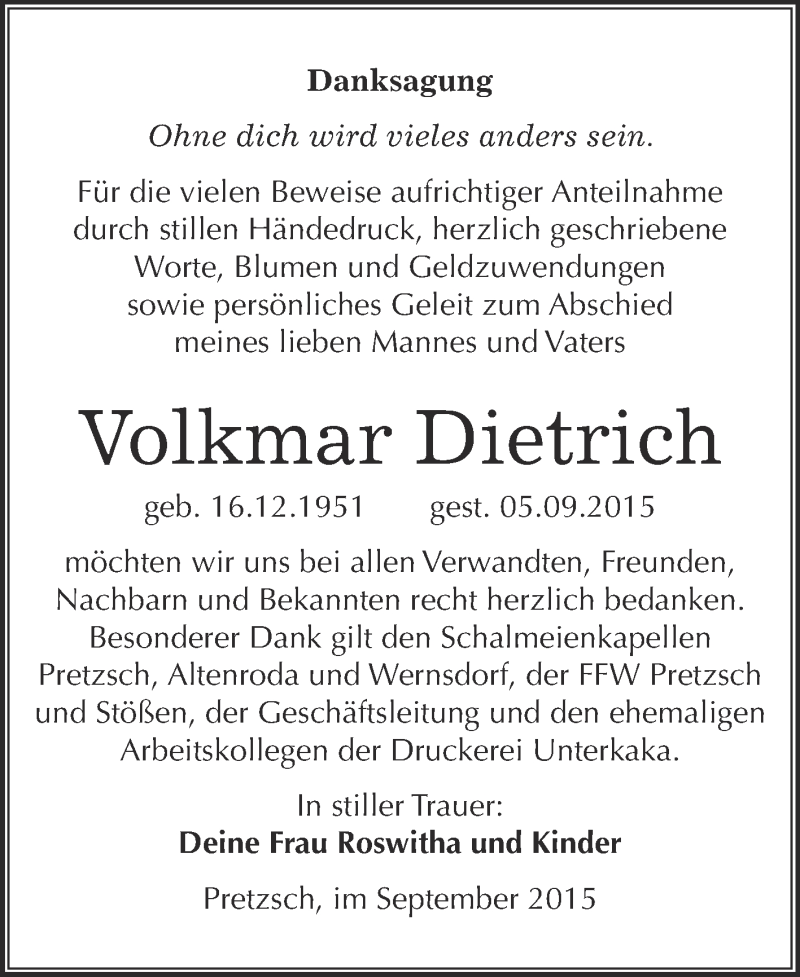 Traueranzeige für Volkmar Dietrich vom 28.10.2015 aus WVG - Wochenspiegel NMB / WSF / ZTZ