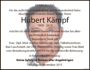 Traueranzeige von Hubert Kämpf von Super Sonntag Zeitz