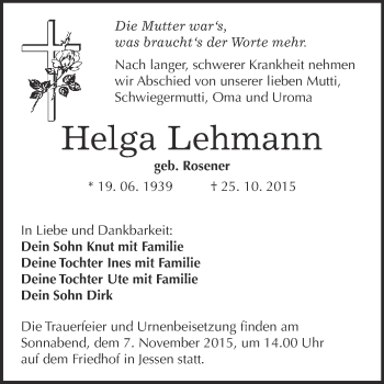 Traueranzeige von Helga Lehmann von WVG - Wochenspiegel Wittenberg