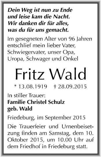 Traueranzeige von Fritz Wald von Mitteldeutsche Zeitung Mansfelder Land