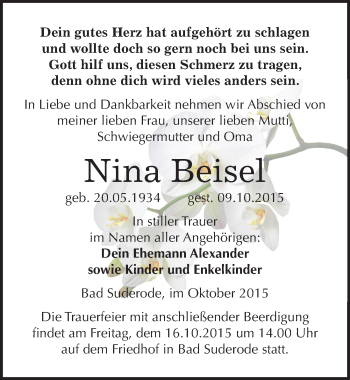 Traueranzeige von Nina Beisel von Mitteldeutsche Zeitung Quedlinburg