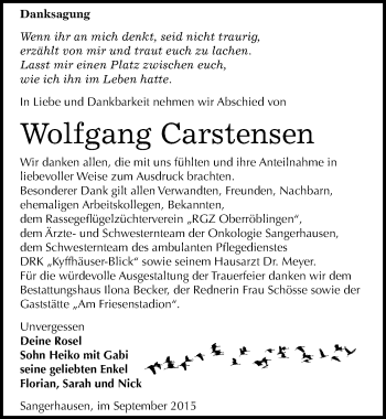 Traueranzeige von Wolfgang Carstensen von Mitteldeutsche Zeitung Sangerhausen