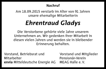 Traueranzeige von Ehrentraud Gladys von Mitteldeutsche Zeitung Mansfelder Land