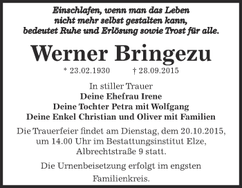 Traueranzeige von Werner Bringezu von WVG - Wochenspiegel Dessau / Köthen