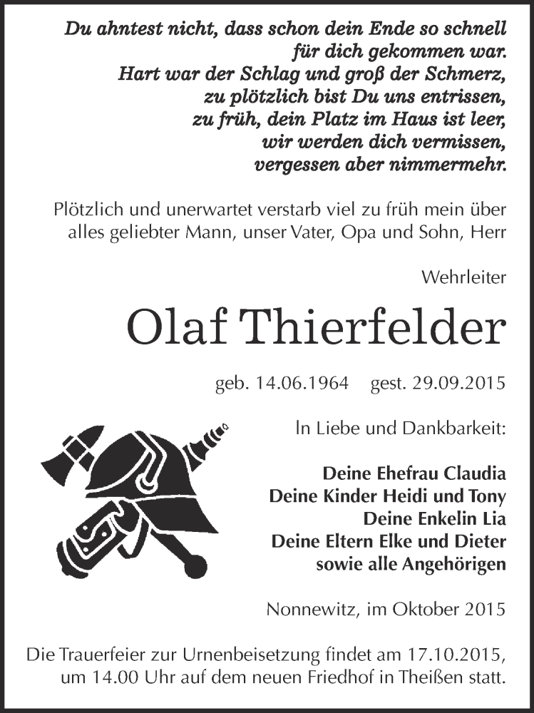  Traueranzeige für Olaf Thierfelder vom 03.10.2015 aus Super Sonntag Zeitz