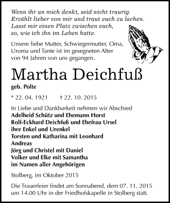 Traueranzeige von Martha Deichfuß von Mitteldeutsche Zeitung Sangerhausen