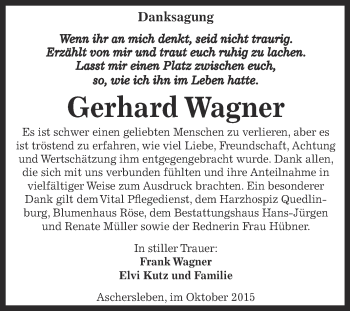 Traueranzeige von Gerhard Wagner von Super Sonntag Aschersleben