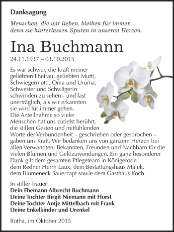 Traueranzeige von Ina Buchmann von Super Sonntag SGH Mansf. Land