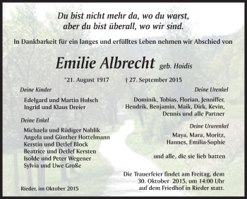Traueranzeige von Emilie Albrecht von WVG - Wochenspiegel Quedlinburg