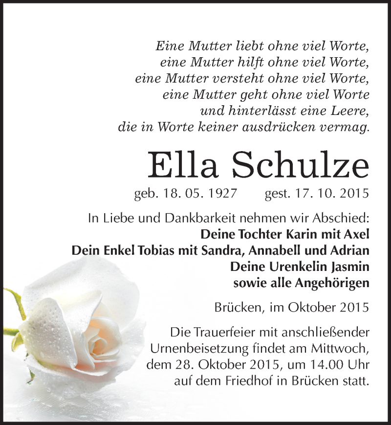  Traueranzeige für Ella Schulze vom 24.10.2015 aus Mitteldeutsche Zeitung Sangerhausen