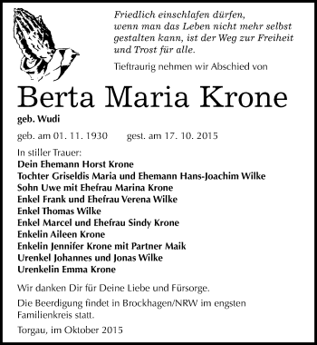 Traueranzeige von Berta Maria Krone von Mitteldeutsche Zeitung Sangerhausen