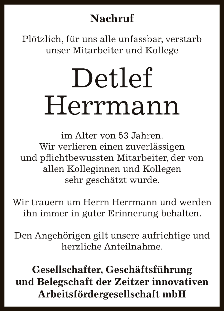  Traueranzeige für Detlef Herrmann vom 31.10.2015 aus Super Sonntag Zeitz