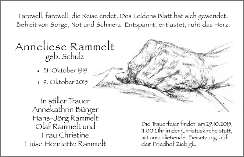  Traueranzeige für Anneliese Rammelt vom 17.10.2015 aus Mitteldeutsche Zeitung Dessau-Roßlau