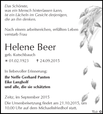 Traueranzeige von Helene Beer von Super Sonntag Zeitz
