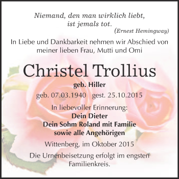 Traueranzeige von Christel Trollius von WVG - Wochenspiegel Wittenberg