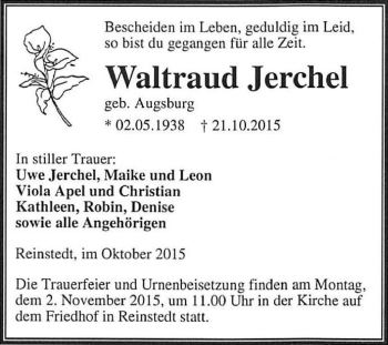 Traueranzeige von Waltraud Jerchel von Super Sonntag Aschersleben
