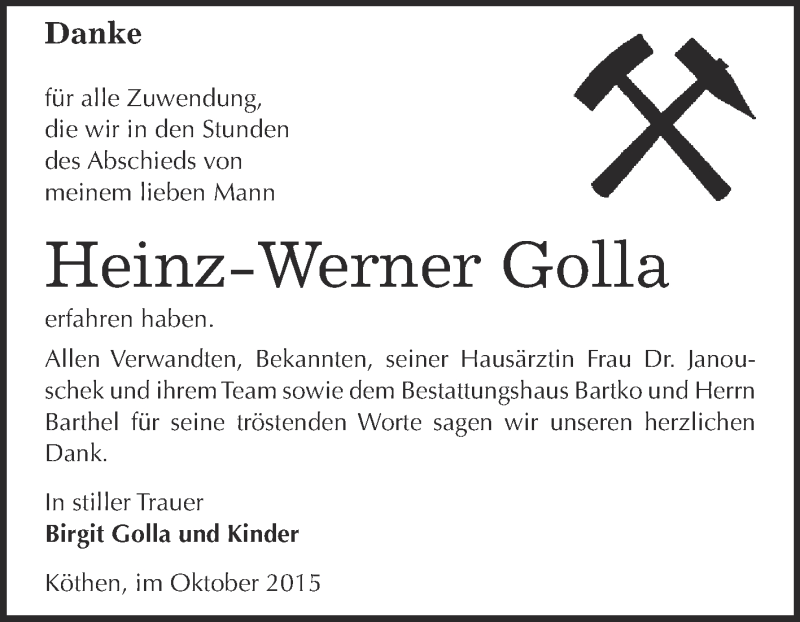 Traueranzeige für Heinz-Werner Golla vom 17.10.2015 aus WVG - Wochenspiegel Dessau / Köthen