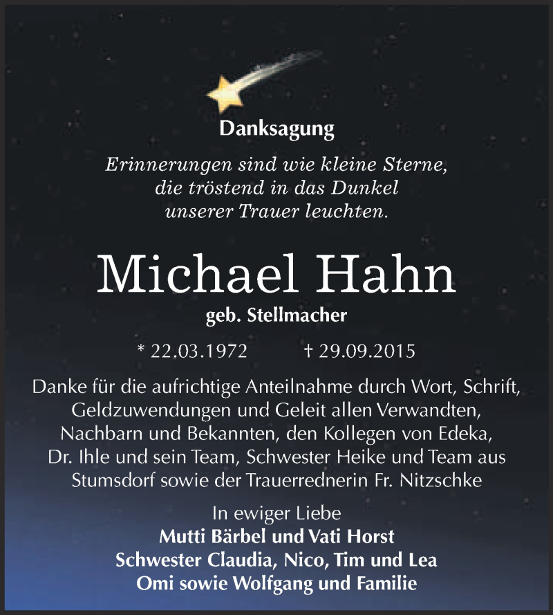  Traueranzeige für Michael Hahn vom 28.10.2015 aus WVG - Wochenspiegel Bitterfeld
