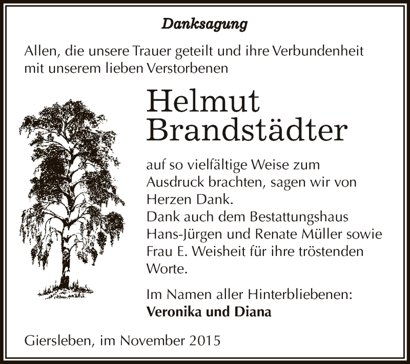  Traueranzeige für Helmut Brandstädter vom 31.10.2015 aus Super Sonntag Aschersleben