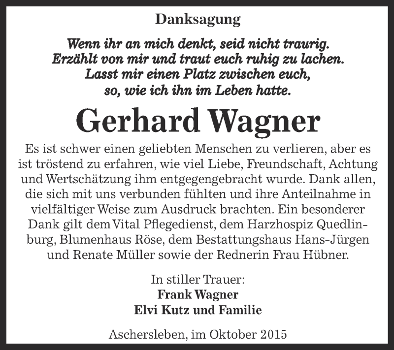  Traueranzeige für Gerhard Wagner vom 10.10.2015 aus Super Sonntag Aschersleben