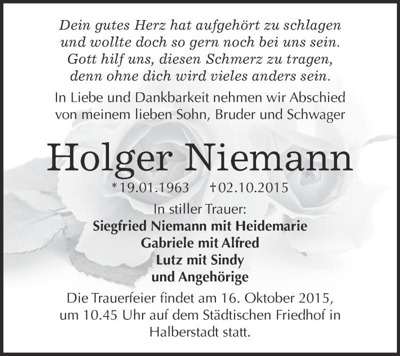  Traueranzeige für Holger Niemann vom 10.10.2015 aus Super Sonntag Quedlinburg