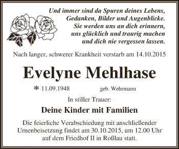 Traueranzeige von Evelyne Mehlhase von WVG - Wochenspiegel Dessau / Köthen
