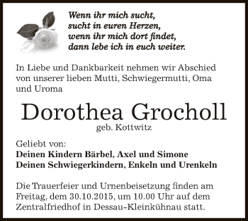 Traueranzeige von Dorothea Grocholl von WVG - Wochenspiegel Dessau / Köthen