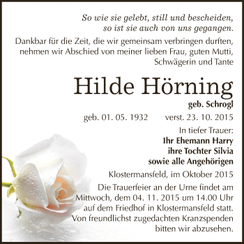 Traueranzeige von Hilde Hörning von Super Sonntag SGH Mansf. Land