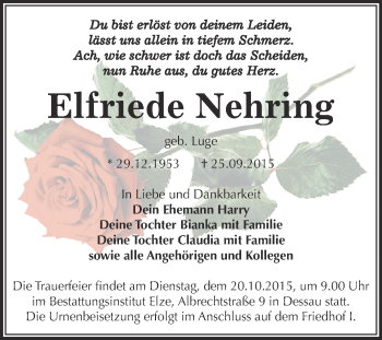 Traueranzeige von Elfriede Nehring von WVG - Wochenspiegel Dessau / Köthen