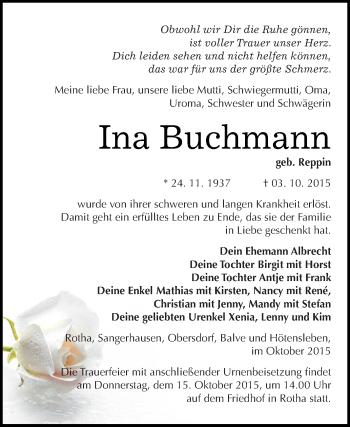 Traueranzeige von Ina Buchmann von Super Sonntag SGH Mansf. Land