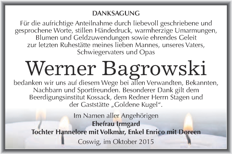  Traueranzeige für Werner Bagrowski vom 24.10.2015 aus Super Sonntag Wittenberg