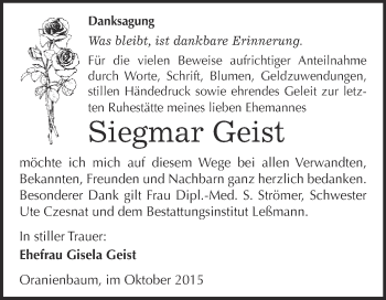 Traueranzeige von Siegmar Geist von WVG - Wochenspiegel Wittenberg