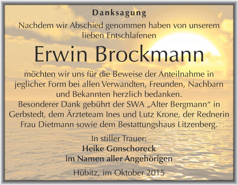  Traueranzeige für Erwin Brockmann vom 21.10.2015 aus Wochenspiegel Mansfelder Land