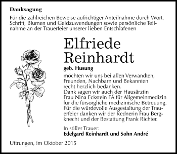 Traueranzeige von Elfriede Reinhardt von Mitteldeutsche Zeitung Sangerhausen