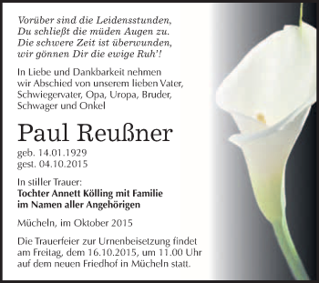 Traueranzeige von Paul Reußner von WVG - Wochenspiegel Merseburg