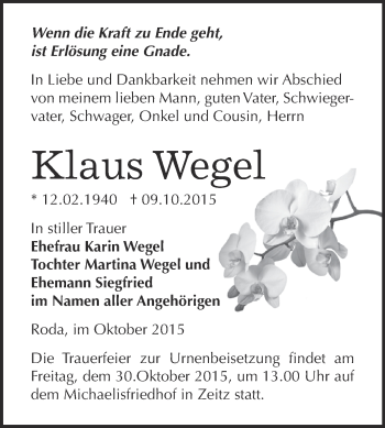 Traueranzeige von Klaus Wegel von Super Sonntag Zeitz