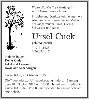Traueranzeige von Ursel Cuck von Wochenspiegel Mansfelder Land