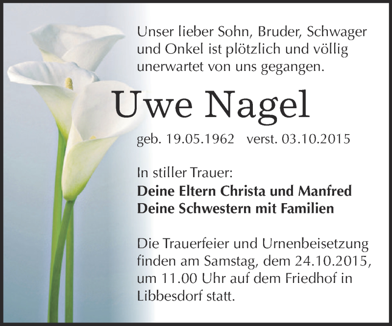  Traueranzeige für Uwe Nagel vom 10.10.2015 aus WVG - Wochenspiegel Dessau / Köthen